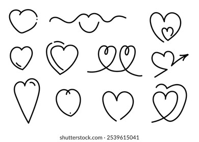 Conjunto de líneas simples de corazón negro. Corazones dibujados a mano sobre fondo blanco. Colección Doodle. Ilustración vectorial