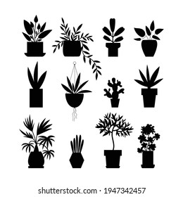 Set of simple black houseplants on white background. Vector flat illustration with indoor plants contours