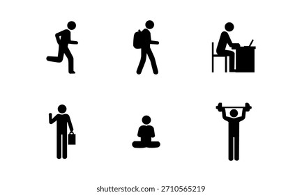 Un conjunto de simples iconos humanos negros que ilustran las actividades diarias, como correr, caminar con una mochila, trabajar en un escritorio, saludar mientras lleva un maletín, meditar y levantar pesas.