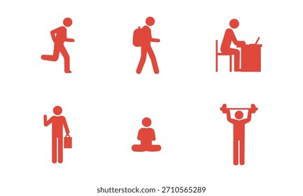 A set of simple black human icons illustrating daily activities, including running, walking with a backpack, working at a desk, waving while carrying a briefcase, meditating, and lifting weights.