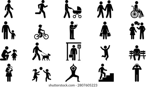 Set of simple black human pictograms depicting various daily activities