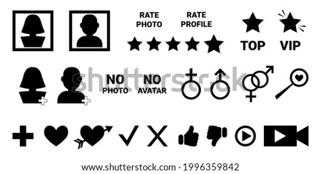 Set of simple black icons for dating site, for social networks, for communication on Internet. Black silhouette icons, simple concept - profile, avatar, photo, rating, heart and star, like or dislike.