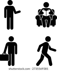 Set of simple black icons depicting various human activities and professions in a minimalist design style on a white background with clear visual representations.