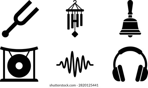A set of simple black icons representing sound music and audio elements