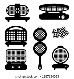 Set of simple black icons of waffle iron for home cooking. A device for making sweets, breakfast. Different forms of electrical appliances for web, store