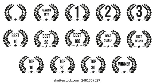 Set of simple black Laurel Wreath isolated transparent background. Collection Award Frame vector aesthetic can used web social media design, mark book cover. EPS 10