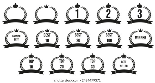 Set of simple black laurel Wreath isolated white. Collection of Award Ranking symbols. Minimalism vector aesthetic badge can used web social media and typography design.