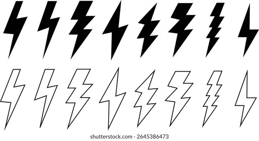 set of simple black lightning bolt, electric thunderbolt, lightning strike, dangerous symbol element vector illustration.