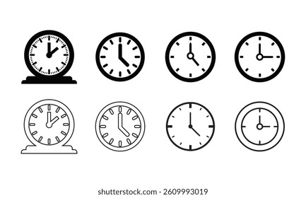 Set of simple black line art wall clock icon vector on white background.
