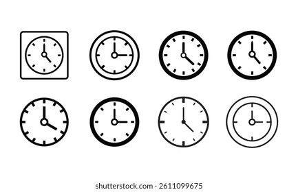 Set of simple black line art wall clock icon vector on white background.