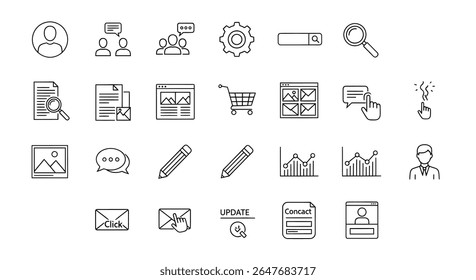 A set of simple, black line art icons depicting various online activities, including communication, settings, search, shopping, and data analysis.