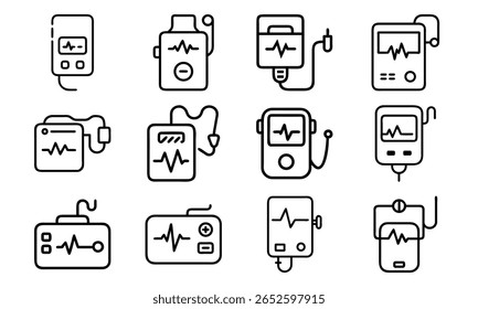 Conjunto de ilustraciones de arte de línea negra simple de varios monitores y dispositivos médicos de frecuencia cardíaca.