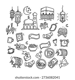 A set of simple black line art icons representing Ramadan, including mosque, lantern, and fasting symbols.