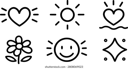 A set of simple black line art icons featuring a glowing heart, sun, heart over waves, flower, smiling face, and sparkling star.
