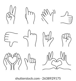Set of simple black line drawings of hand gestures, each representing meanings such as peace, love, approval, and communication. Ideal for creative design, icons, posters, and visual projects