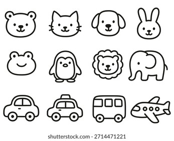 Um conjunto de desenhos simples em linha preta, com animais e veículos para crianças ou materiais educacionais infantis