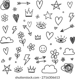A set of simple black line drawings featuring various icons, including hearts, stars, flowers, and more