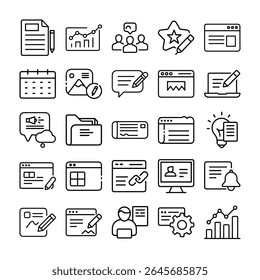 Set of simple, black line icons representing various business and productivity tasks.