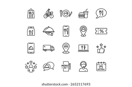 Set of simple, black line icons depicting various food delivery services, including ordering, pickup, delivery, and customer service.