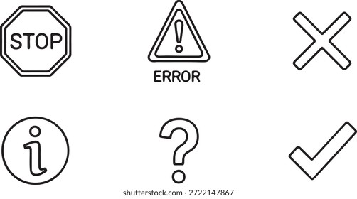 Conjunto de iconos de línea simples y negros sobre un fondo blanco, con parada, error y otros símbolos de interfaz de usuario