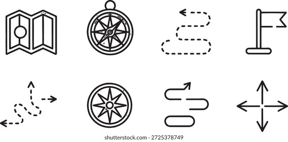 Conjunto de iconos de línea negra simples que representan la navegación y la dirección, incluidos los mapas, brújulas, flechas y banderas para su uso en Sitios web o aplicaciones.
