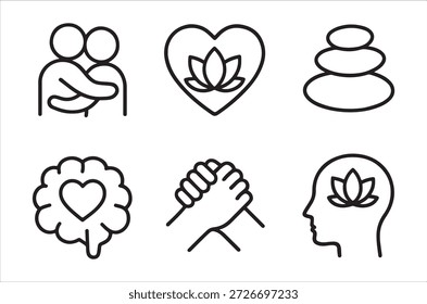 a set of simple black line icons representing mindfulness and wellness concepts