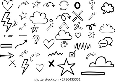Eine Reihe einfacher schwarzer Linien-Symbole, darunter Herzen, Sterne, Wolken, Blitze und Satzzeichen auf weißem Hintergrund