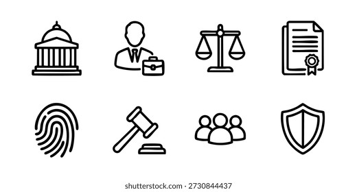 Conjunto de iconos simples de línea negra que representan la justicia, la ley y la protección en un contexto legal visto directamente desde arriba