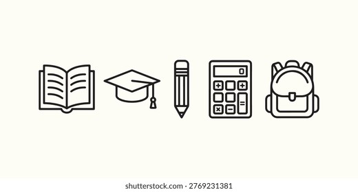 A set of simple black line icons on a white background, featuring an open book, graduation cap, pencil, calculator, and backpack, representing education and school supplies