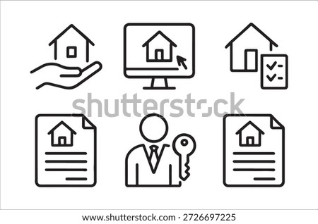 a set of simple black line icons related to real estate and property