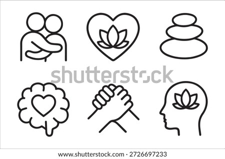 a set of simple black line icons representing mindfulness and wellness concepts
