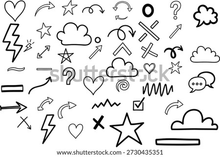 A set of simple black line icons including hearts, stars, clouds, lightning bolts, and punctuation marks on a white background