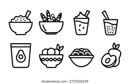 Um conjunto de ilustrações simples de linha preta de vários itens saudáveis de alimentos e bebidas, incluindo tigelas de alimentos, copos de smoothies e frutas, sobre um fundo branco.