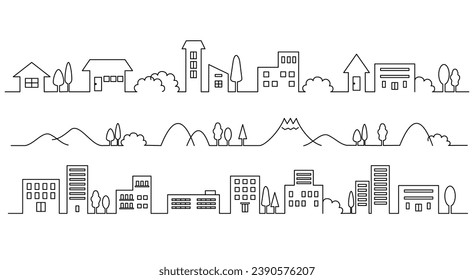 Set of simple black lines cityscape, mountain range and building area