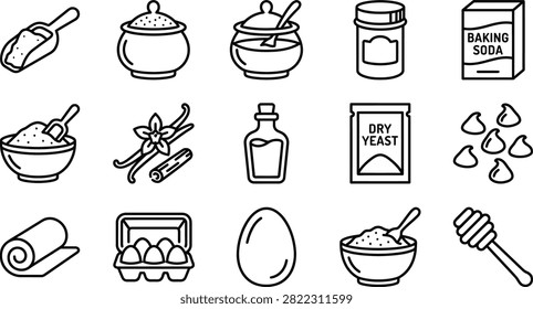 A set of simple black outline baking ingredient icons featuring flour, eggs, yeast, vanilla, and honey on white.