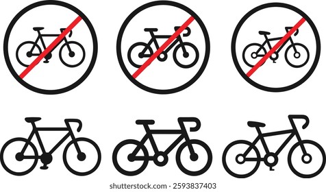 A set of simple, black outline icons depicting bicycles with a red diagonal line through them, indicating a prohibition.