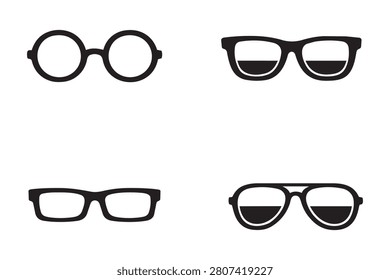 Set of simple black outline icons of various glasses