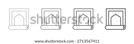A set of simple black outline icons depicting a prayer mat or rug, featuring an arch-like mihrab design at the top and partially rolled up at the bottom. The icons vary in line thickness, suitable for
