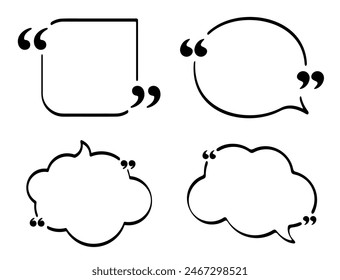 Set of simple black outline speech bubbles featuring quotation marks. Ideal for quotes, dialogues, and text highlights in creative projects. Includes various shapes and styles.