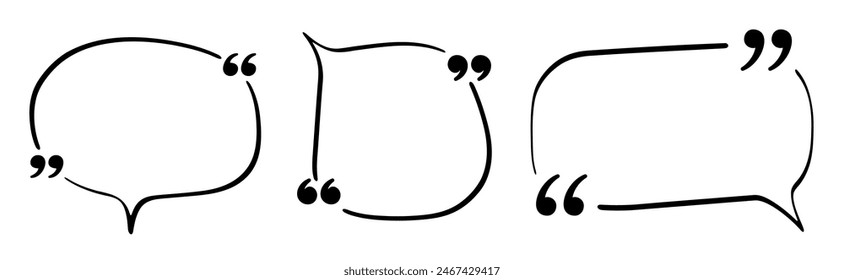 Set of simple black outline speech bubbles featuring quotation marks. Ideal for quotes, dialogues, and text highlights in creative projects. Includes various shapes and styles.