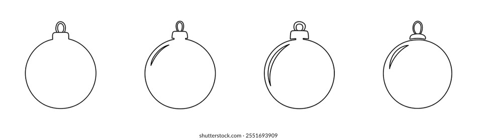 Set of simple black outlines of Christmas ornaments isolated on white background. Concept of minimalist decoration, holiday icon, festive symbol, bauble, Christmas design elements. Clip art. Print