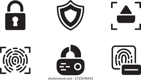 Conjunto de ícones pretos simples da Página sobre fundo branco ilustrando vários conceitos de segurança cibernética, incluindo bloqueios, escudos e autenticação biométrica.
