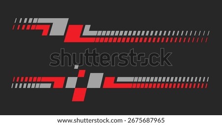 Set of simple black red grey car stripes. Car race stripes. Racing line sticker design. Graphic sport decal vinyl element. Automobile decoration. Vector racing design element 
