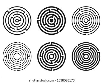 Set of simple black round labyrinths isolated on white background. Vector illustration