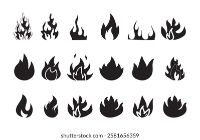 A set of simple, black silhouette fire icons in various shapes and sizes