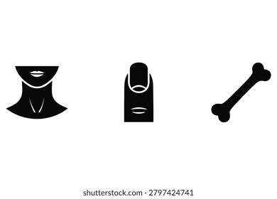 A set of simple black silhouette icons representing human anatomy. The collection includes a neck, a close up of a fingernail, and a bone, perfect for medical, health, wellness, and biology project designs.