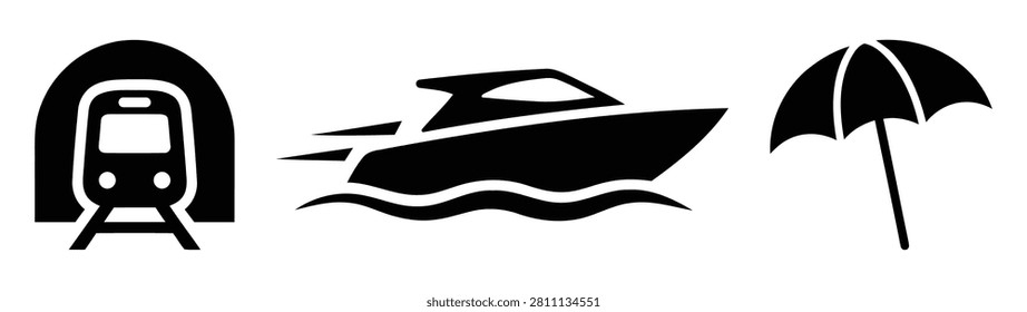 A set of simple black silhouette icons featuring a train emerging from a tunnel, a speedboat moving fast across the water, and a classic beach umbrella, perfect for travel, transport, and summer themes.