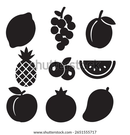 A set of simple, black silhouette icons depicting various fruits, including lemon, grapes, peach, pineapple, blueberries, watermelon, pomegranate, and mango.