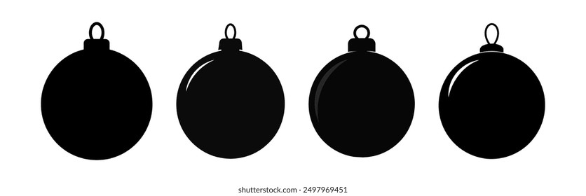 Set of simple black silhouettes of Christmas ornaments isolated on a white background. Concept of minimalist decoration, holiday icons, festive symbols, Christmas design elements. Clip art. Print