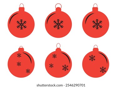 Set of simple black silhouettes of Christmas ornaments isolated on a white background. Concept of minimalist decoration, holiday icons, festive symbols, Christmas design elements. Clip art. Print